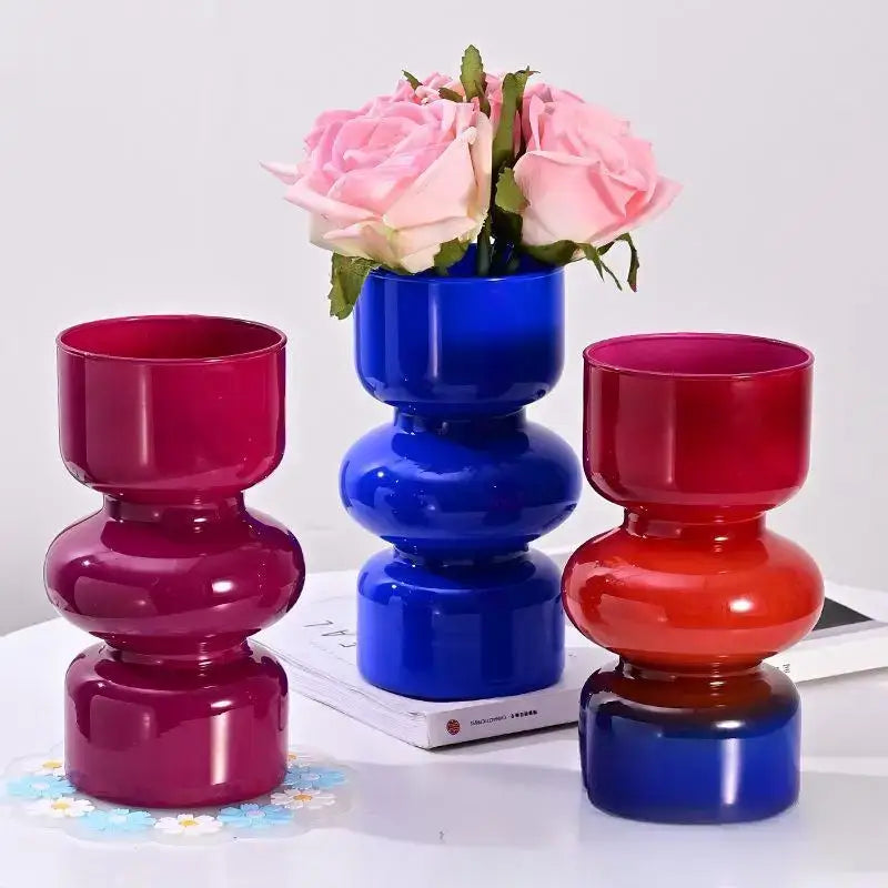 DecorBites™ retro glass vase with vibrant red and blue stacked rounded segments for DIY flower arrangements