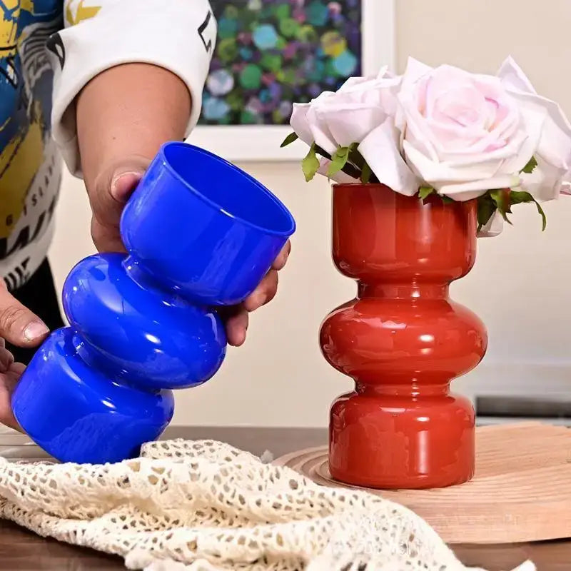 Vibrant blue glossy ceramic retro glass vase with stacked rounded segments for diy flower arrangements by decorbites