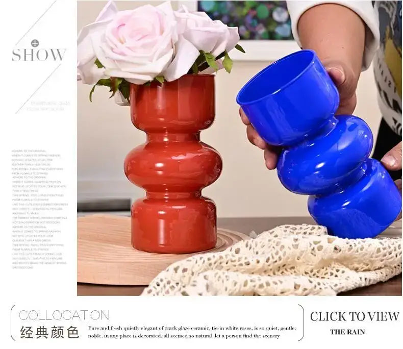 Vibrant red ceramic vase with a modern stacked design from DecorBites™ ideal for retro glass vase flower arrangements