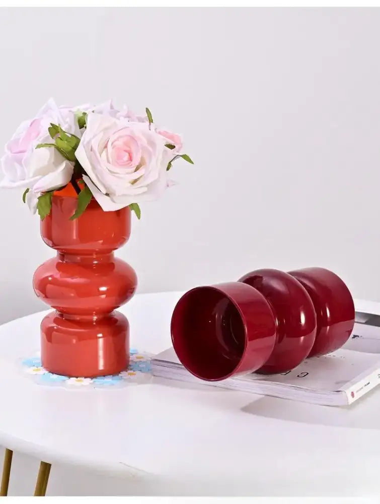 Vibrant red ceramic retro glass vase with stacked rounded segments and a glossy finish for DIY flower arrangements