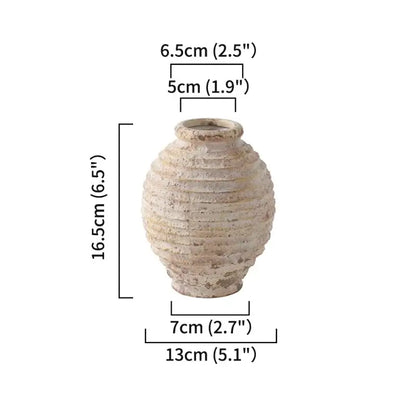 DecorBites™ retro handmade beige ceramic vase with horizontal ridges and weathered texture for home decor