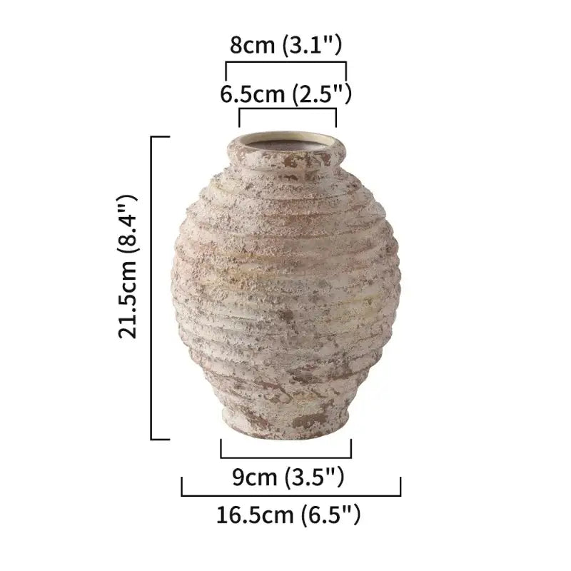 DecorBites™ retro handmade beige clay vase with textured horizontal ridges and a slightly flared rim for home decor