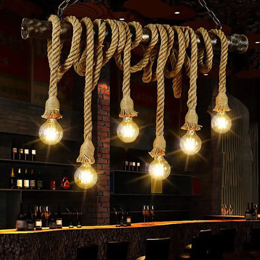 Industrial-style hemp rope exposed pendant light fixture with flaxen natural color and multiple exposed bulbs for restaurants
