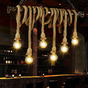 Industrial-style hemp rope exposed pendant light fixture with flaxen natural color and multiple exposed bulbs for restaurants