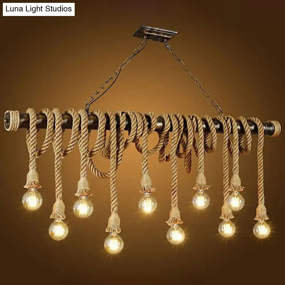 Rustic industrial chandelier with dark metal frame and hemp rope exposed bulb design for restaurant ceiling lighting