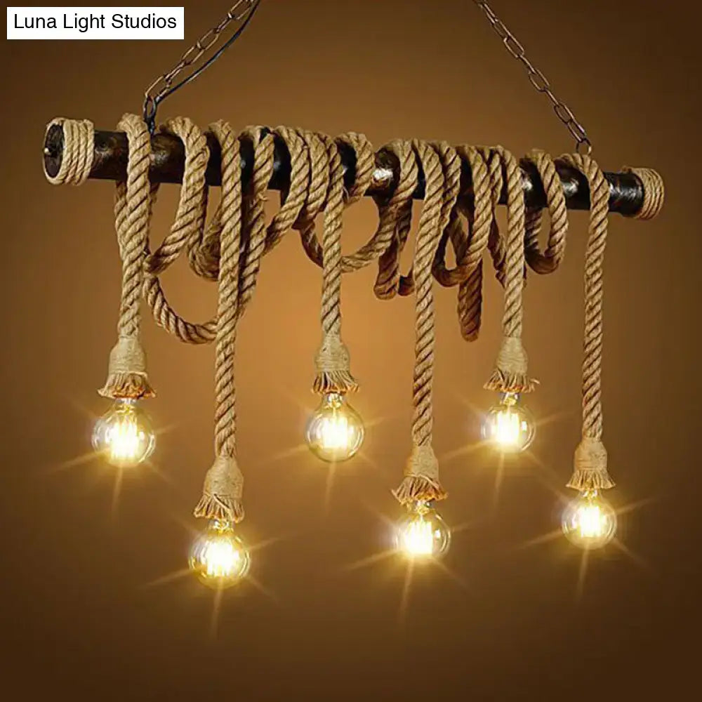 DecorBites™ retro hemp rope exposed chandelier with five glowing bulb fixtures for restaurant ceiling lighting
