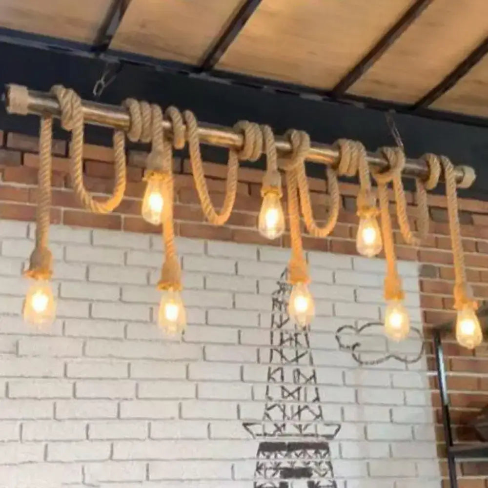 Decorbites™ retro hemp rope exposed bulb pendant light fixture with brass pipe and beige rope, ideal for restaurants