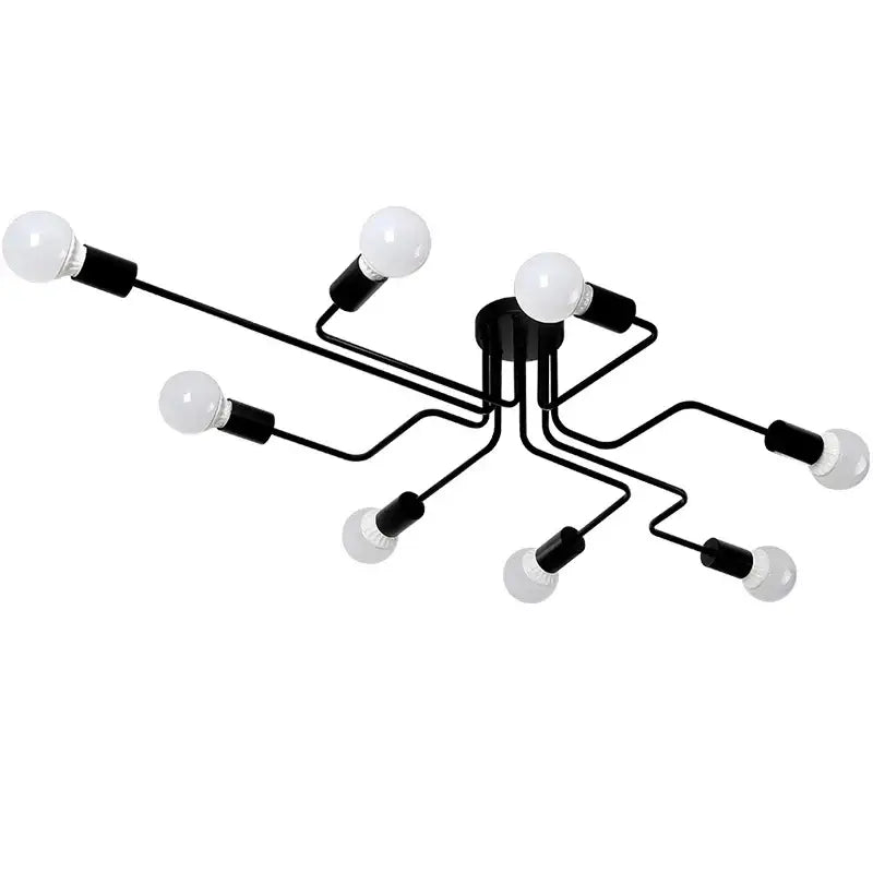 Black metal decorbites retro industrial wrought iron ceiling light fixture with six exposed bulb sockets and curved arms