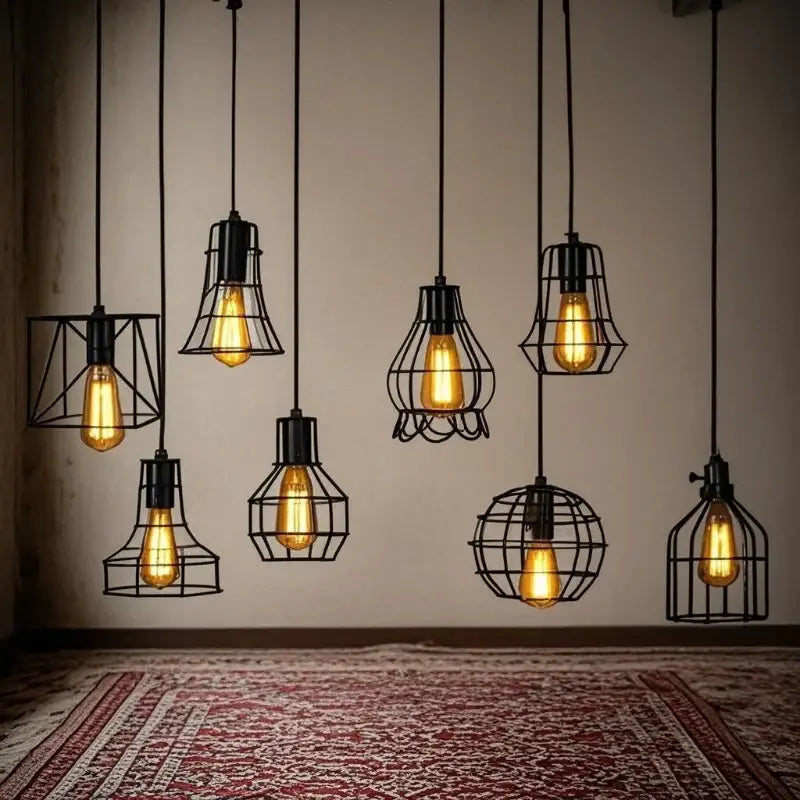 Decorbites™ retro iron art pendant light with black wrought iron cage and glowing amber filament bulbs in vintage style