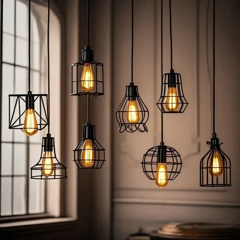 Black wrought iron cage pendant light with warm glowing filament bulbs decorbites™ retro iron art style