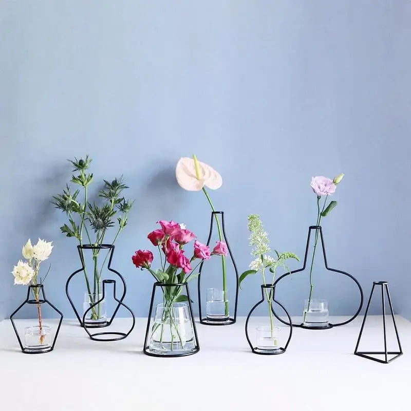 A collection of minimalist black retro iron flower vases with glass inserts holding delicate colorful flowers for home decor