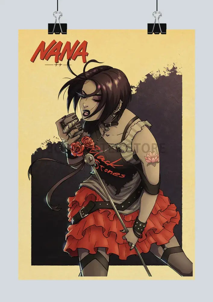 Decorbites™ retro japan anime nana poster featuring dark-haired character in red skirt holding roses and sword 2021 design