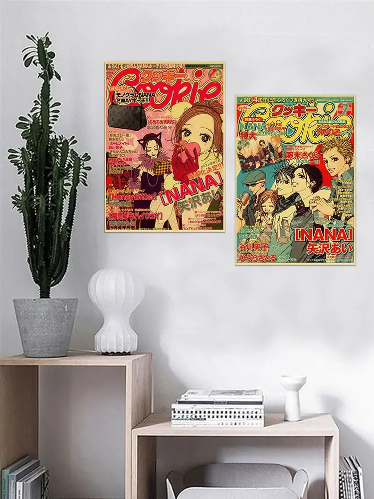 Two vibrant DecorBites™ retro japan anime nana posters with colorful vintage-style artwork and bold japanese text
