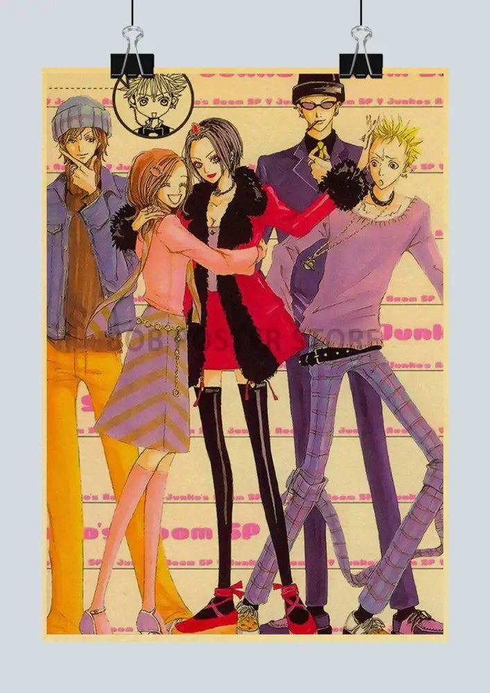 Anime nana poster set by decorbites featuring five colorful japan anime nana characters with vintage paper texture background