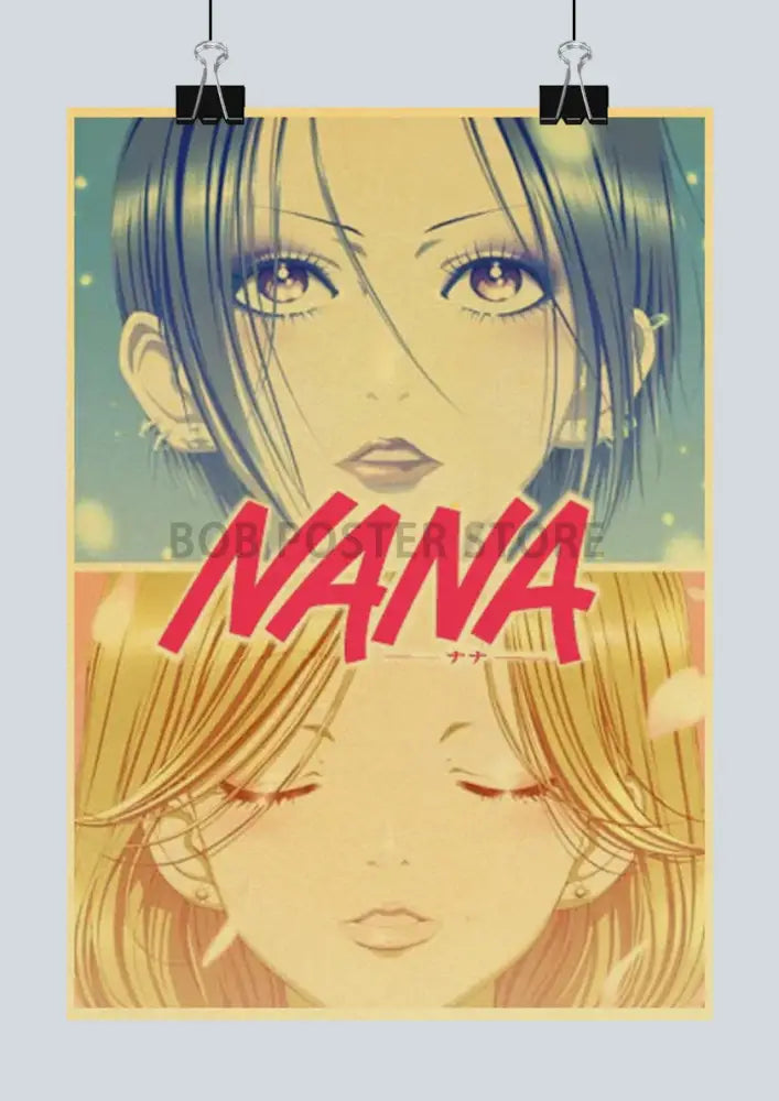 Vintage-style decorbites™ retro japan anime nana poster set featuring two girls with blue and blonde hair framed by yellow border