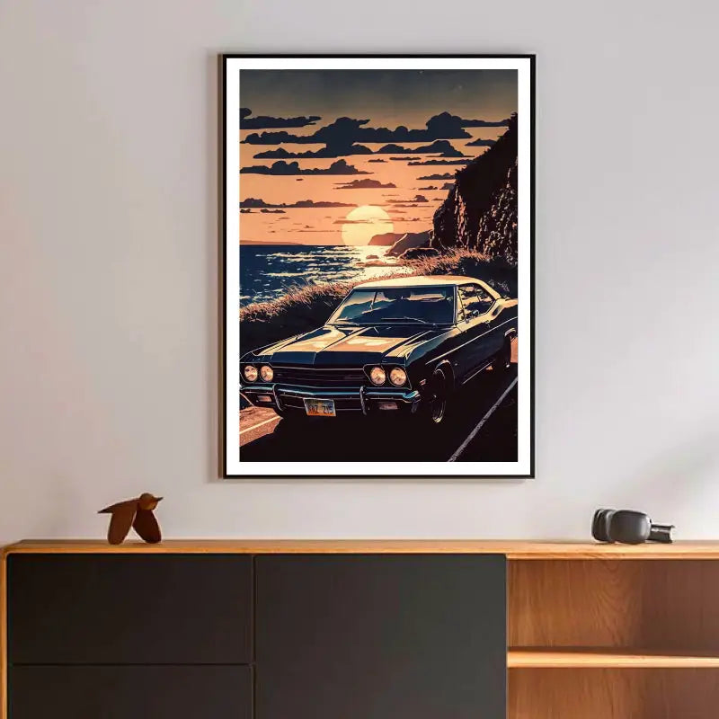 A framed decorbites™ retro japanese gtr luxury car canvas wall art featuring a vintage black muscle car at sunset