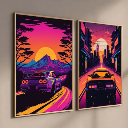 Two framed neon retro car posters featuring gtr luxury cars against vibrant japanese landscape sunset scenes