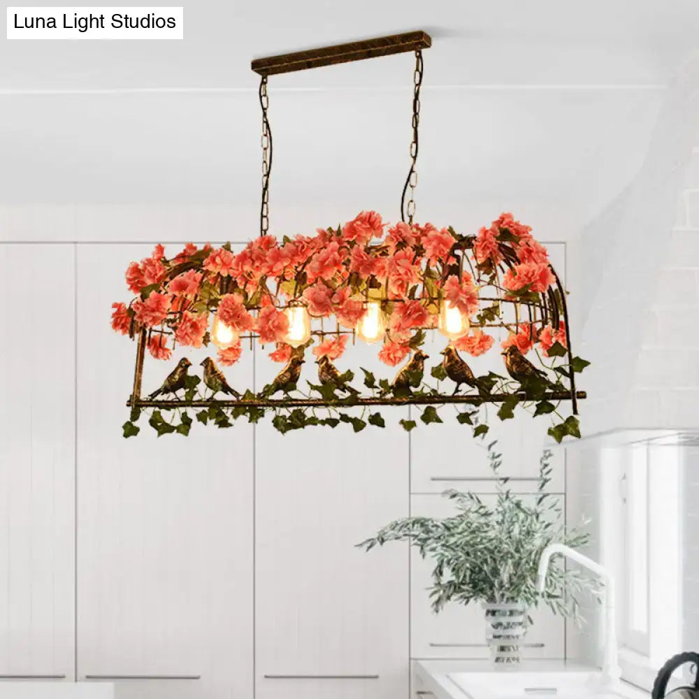 Decorbites™ retro metal birdcage ceiling light brass finish with flower decor and exposed filament bulbs for restaurants