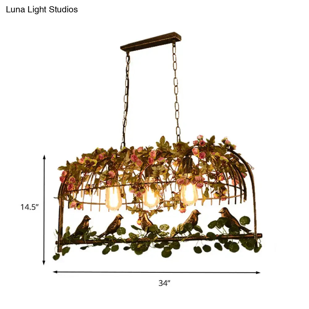 DecorBites™ retro metal ceiling light in bronze with flower decor and five exposed bulbs ideal for restaurants and islands