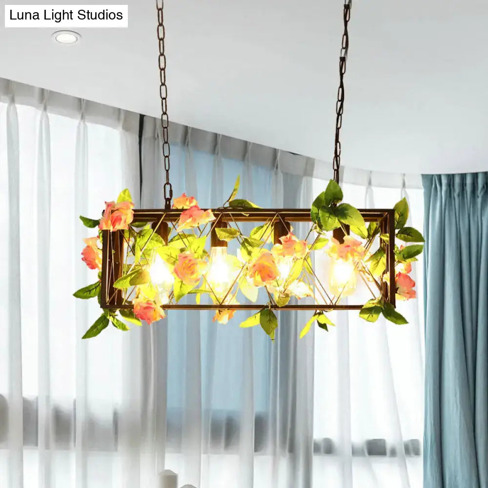 DecorBites retro metal rectangular ceiling light with brass frame, artificial flowers, dual-color LED, 220v-240v, ideal for restaurants