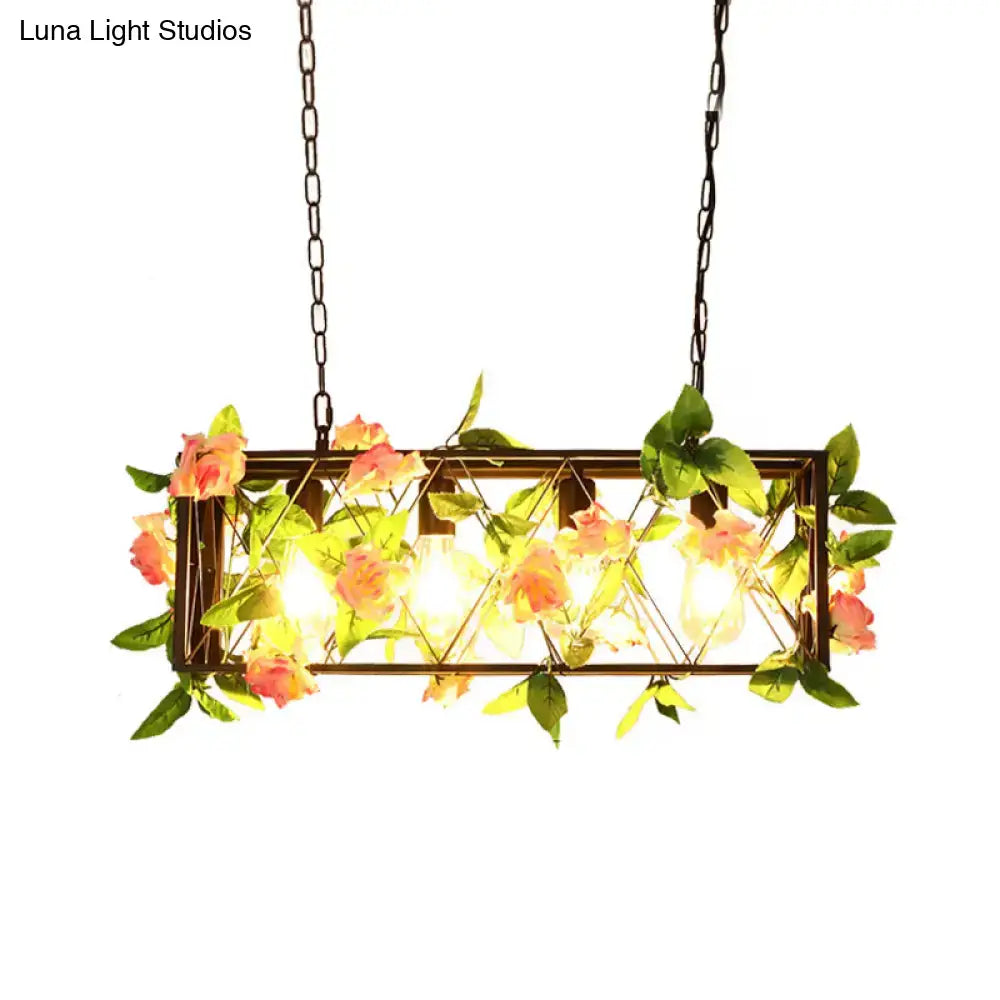 Rectangular decorbites™ retro metal island ceiling light with dark metal frame, peach roses, green leaves, 220v-240v use