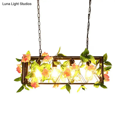 Rectangular decorbites™ retro metal island ceiling light with dark metal frame, peach roses, green leaves, 220v-240v use