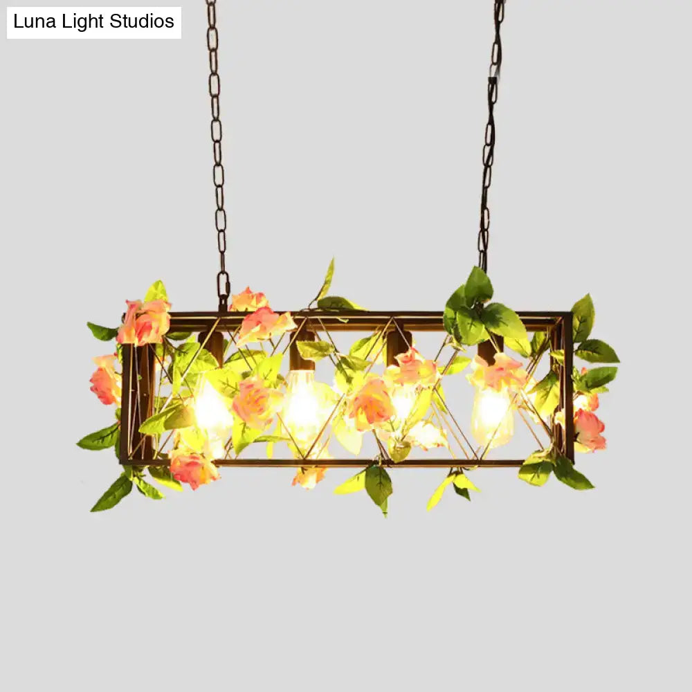 Rectangular decorbites™ ceiling light with dark metal frame, peach artificial roses, green leaves, 220v-240v, ideal for restaurants