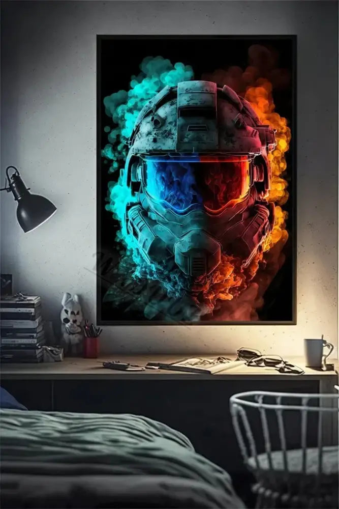 A framed DecorBites™ wall art poster of a split halo Master Chief helmet with blue smoke and orange flames for gaming room