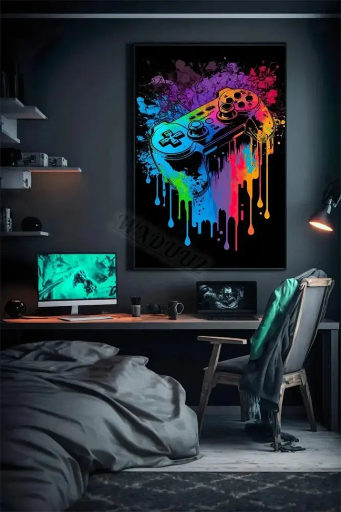 DecorBites™ retro monkey gaming room wall art poster featuring vibrant rainbow-dripping controller on black canvas