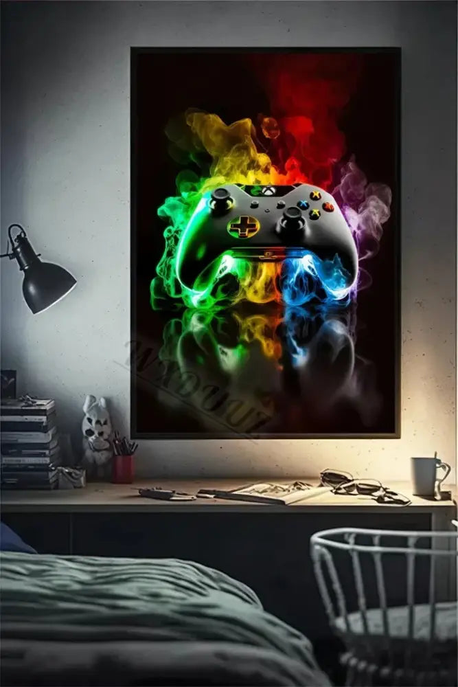 Decorbites™ retro monkey gaming room wall art poster with vibrant black xbox controller and rainbow smoke for gaming room