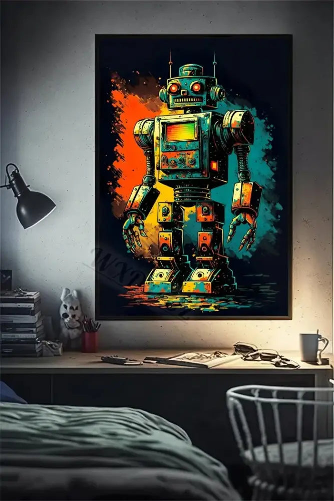 DecorBites™ retro monkey gaming room wall art poster with vibrant teal orange and yellow splashes on dark background