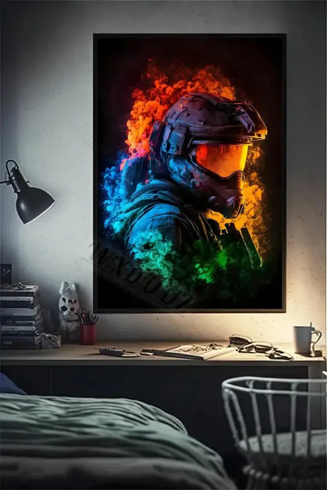 Vibrant DecorBites™ retro monkey gaming room wall art poster with halo master chief and fiery blue green energy effects