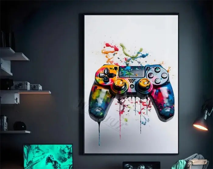 DecorBites™ retro monkey gaming room wall art poster features vibrant splattered paint playstation controller design