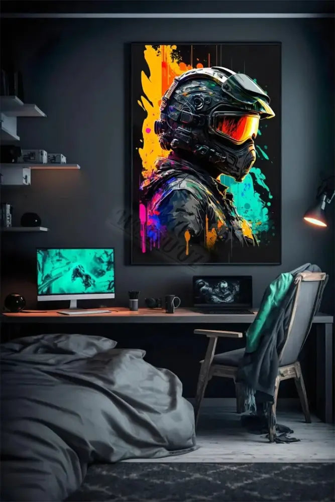 Decorbites™ retro monkey gaming room wall art poster featuring vibrant abstract painting of futuristic soldier armor with orange visor