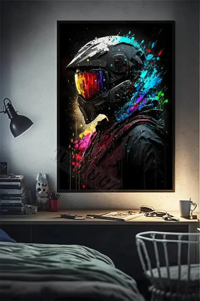 Vibrant abstract motorcycle helmet poster with rainbow splashes for gaming room wall art featuring funny monkey player
