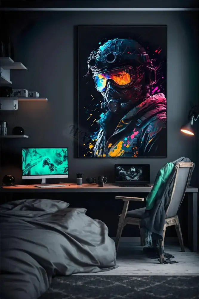 Vibrant decorbites retro monkey gaming room wall art poster featuring a futuristic soldier with neon glowing goggles