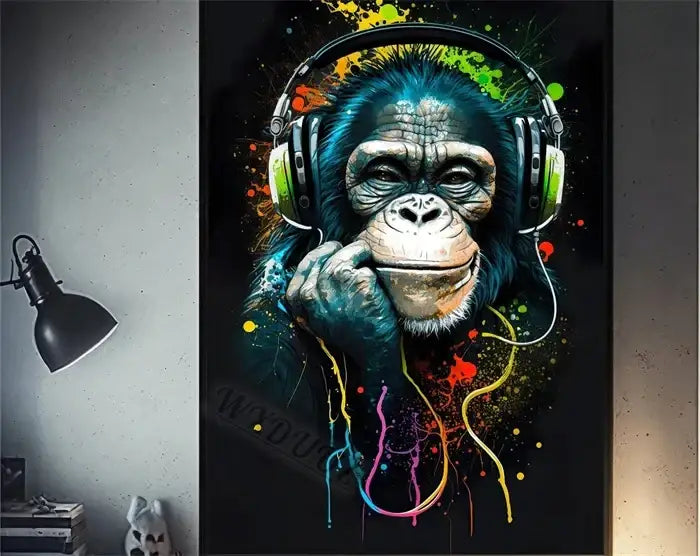 DecorBites™ retro monkey gaming room wall art poster of a vibrant blue-furred funny monkey player with headphones