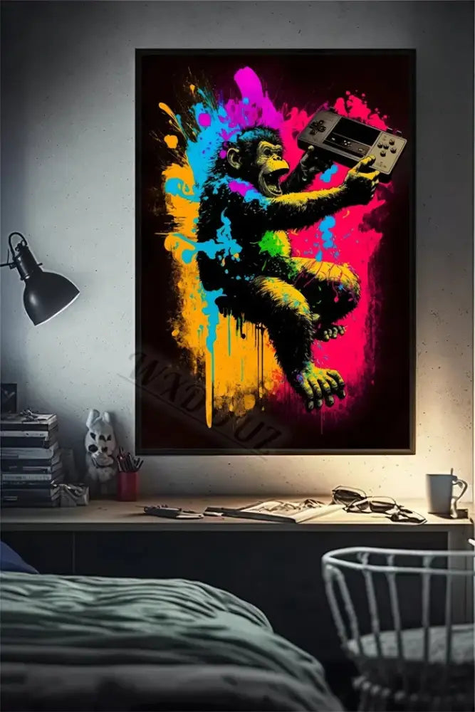 Decorbites™ retro monkey gaming room wall art poster featuring a vibrant funny monkey player with neon colors