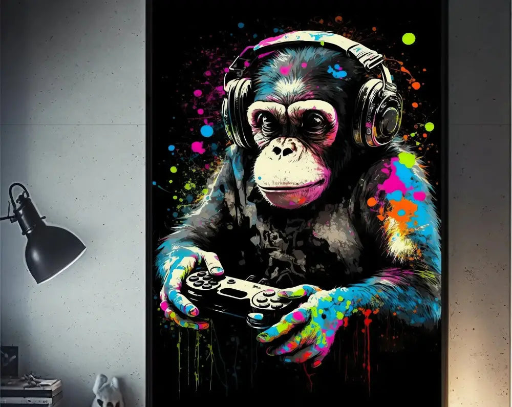 DecorBites™ retro monkey gaming room wall art poster featuring vibrant graffiti style and a funny monkey player design