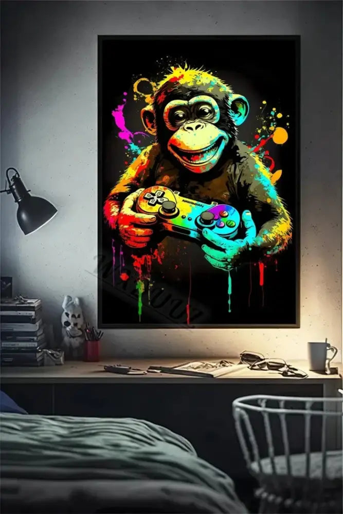 Vibrant decorbites™ retro monkey gaming room wall art poster featuring a funny monkey player with colorful controller