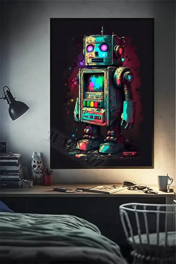 DecorBites™ retro monkey gaming room wall art poster with vibrant neon robot and glowing purple eyes in black frame
