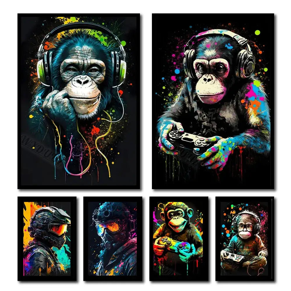 DecorBites™ retro monkey gaming room wall art poster with vibrant splatter-painted funny monkey player on black background