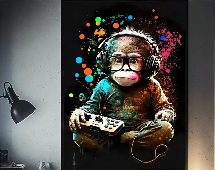 Decorbites™ retro monkey gaming room wall art poster featuring a colorful splatter-painted funny monkey player design