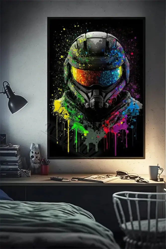 DecorBites™ retro monkey gaming room wall art poster featuring vibrant splatter-painted halo master chief helmet in black frame
