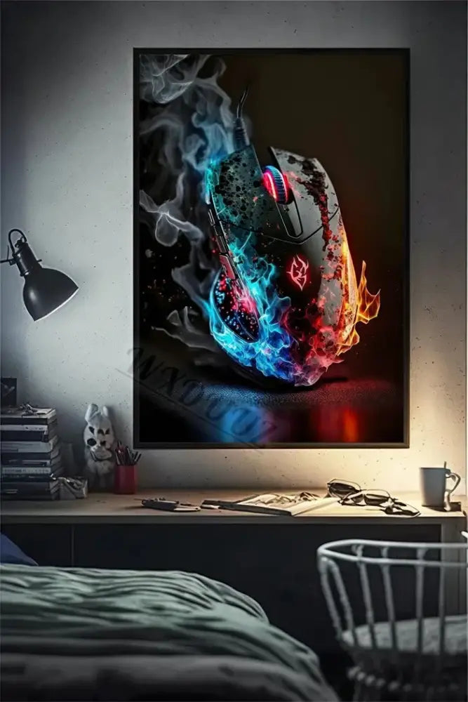 Decorbites™ retro monkey gaming room wall art poster featuring a black and red mechanical mouse with rgb flames