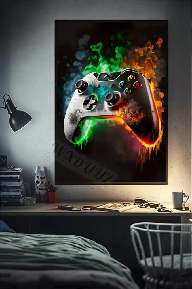 DecorBites™ retro monkey gaming room wall art poster with a white xbox controller and fiery orange and green flames