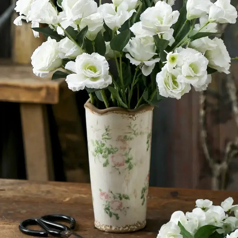 Decorbites™ retro nordic ceramic vase with scalloped rim and pink floral patterns holding white lisianthus flowers