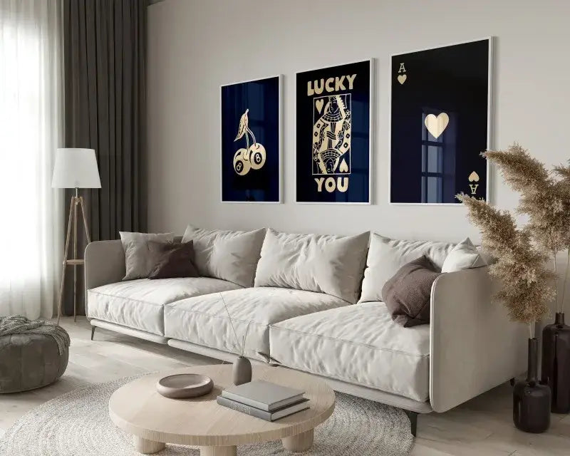 Beige upholstered sectional sofa with modern design and dark brown pillows next to decorbites™ retro queen of hearts canvas art set
