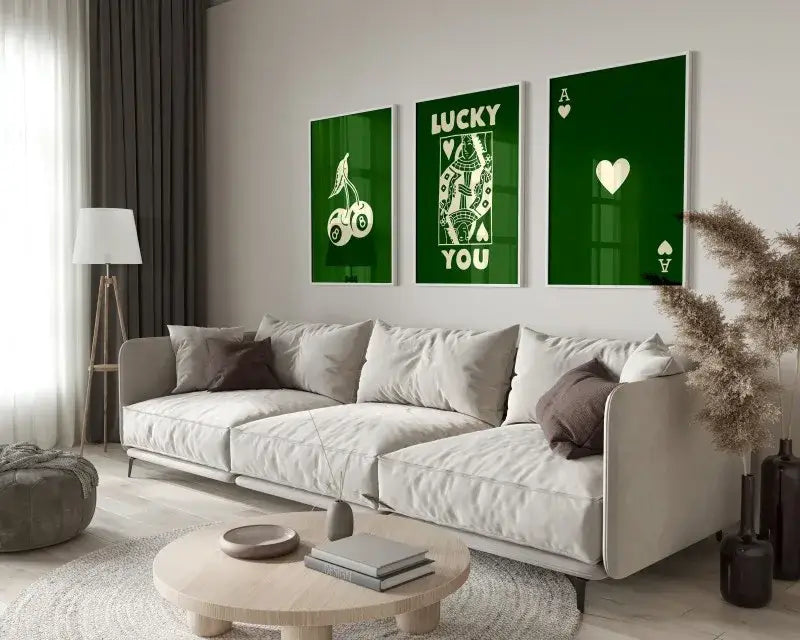 Decorbites™ retro queen of hearts canvas art set featuring three framed green hearts canvas art pieces with lucky you text