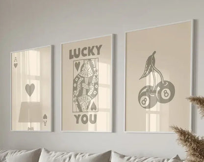 DecorBites™ retro queen of hearts canvas wall art set with minimalist beige and gray playing card and lucky charm prints